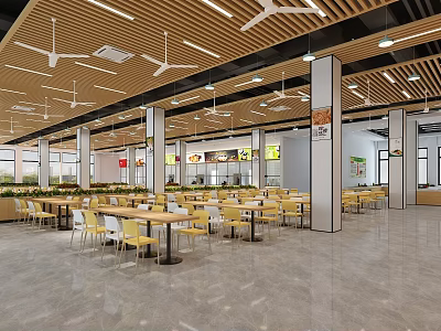 Modern Cafeteria Interior With Yellow Chairs Tables And Ceiling Fans 3d model