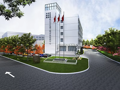 Modern White Office Building With Flags Landscaped Garden And Circular Driveway 3d model