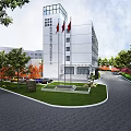 Modern White Office Building With Flags Landscaped Garden And Circular Driveway