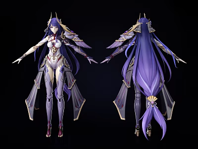 Fantasy Female Character and Mythical Creature With Purple Long Hair Golden Accents and Elegant Attire 3d model
