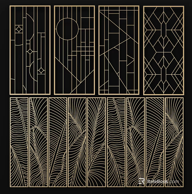 Artistic Room Dividers With Geometric Patterns And Feather Textures In Gold Lines 3d model 