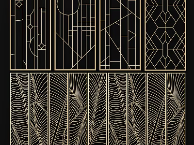 Artistic Room Dividers With Geometric Patterns And Feather Textures In Gold Lines 3d model