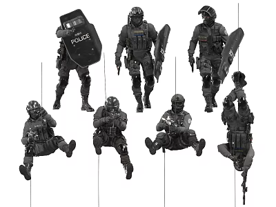 Tactical Police Personnel In Full Gear With Shields And Various Action Poses 3d model