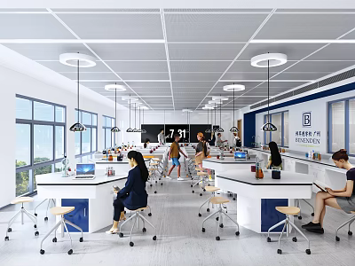 Modern Laboratory Interior With Open Layout Multiple Workstations Computers Large Windows And Hanging Lights 3d model