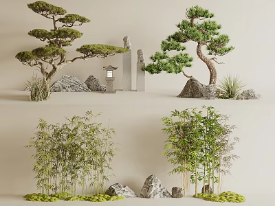 Tranquil Courtyard Garden Design With Pine Trees Bamboo Rocks And Stone Lantern 3d model