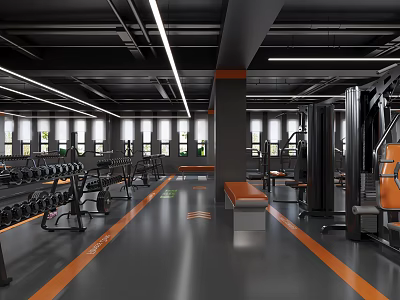 Spacious Modern Fitness Gym With Workout Equipment Dumbbells And Orange Lines 3d model