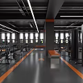 Spacious Modern Fitness Gym With Workout Equipment Dumbbells And Orange Lines