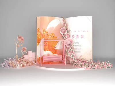 Flower Exhibition With Open Book Display Pink Bench And Floral Decorations 3d model