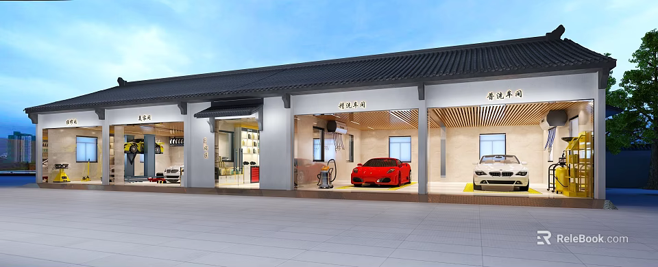 Modern 4S Auto Showroom Displaying Red White Cars With Glass Front And Modern Design 3d model 