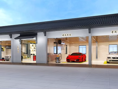 Modern 4S Auto Showroom Displaying Red White Cars With Glass Front And Modern Design 3d model