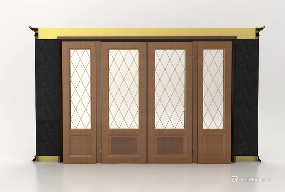 Luxurious Wooden Entrance Door With Glass Panels Diamond Pattern Gold Frame And Black Wall Background 3d model 