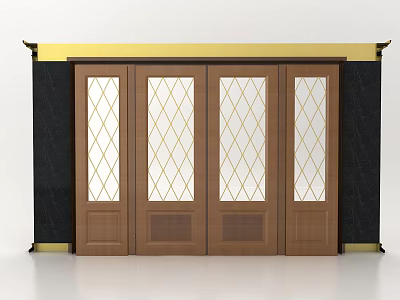 Luxurious Wooden Entrance Door With Glass Panels Diamond Pattern Gold Frame And Black Wall Background 3d model