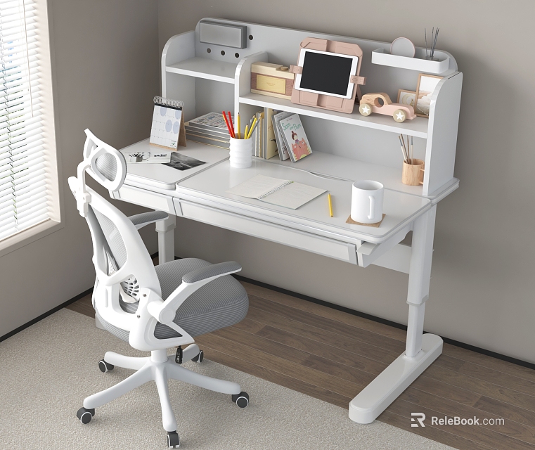 Modern White Desk With Bookshelf Tablet Stationery And Office Chair By Window 3d model 