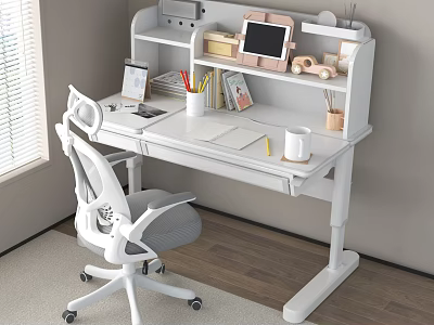Modern White Desk With Bookshelf Tablet Stationery And Office Chair By Window 3d model