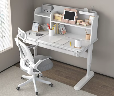 Modern White Desk With Bookshelf Tablet Stationery And Office Chair By Window 3d model