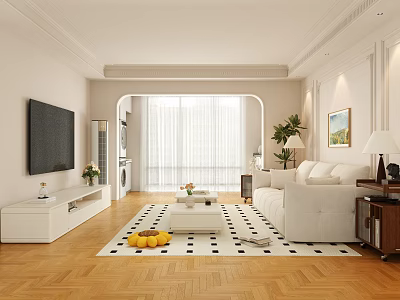 Modern Living Room With White Sofa TV Checkered Rug White Curtains And Wooden Floor 3d model