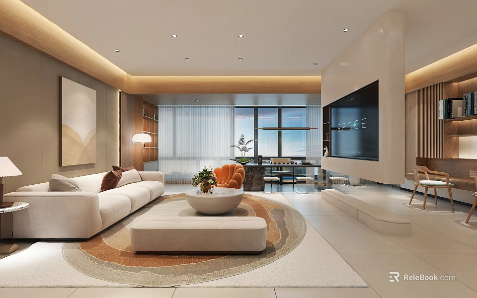 Modern Living Room Interior With White Sofa Round Rug TV Wall And Large Windows 3d model 