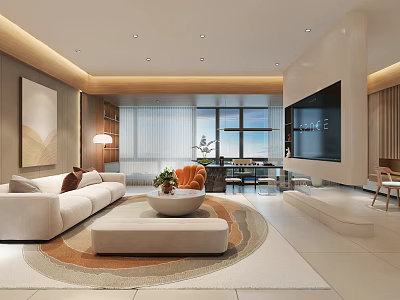 Modern Living Room Interior With White Sofa Round Rug TV Wall And Large Windows 3d model