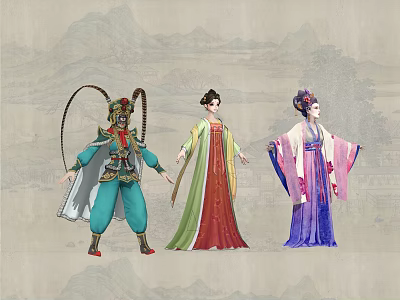 Traditional Chinese Costumes Worn By Three Figures With Colorful Robes And Historical Designs 3d model
