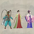Traditional Chinese Costumes Worn By Three Figures With Colorful Robes And Historical Designs
