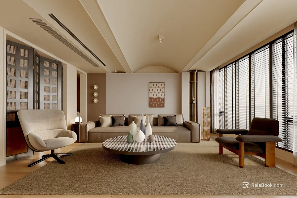 Modern Living Room Interior With Beige Sofa Round Coffee Table Decorative Wall Art And Carpet 3d model 