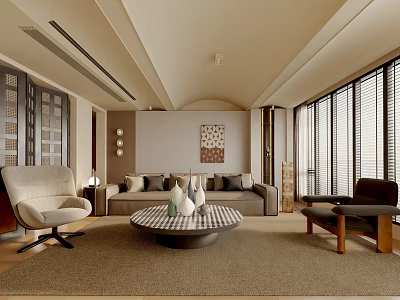 Modern Living Room Interior With Beige Sofa Round Coffee Table Decorative Wall Art And Carpet 3d model