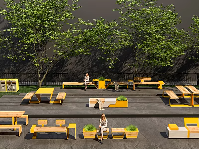 Outdoor Garden Features With Yellow White Benches Green Trees And Leisure Seating Area 3d model