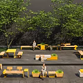 Outdoor Garden Features With Yellow White Benches Green Trees And Leisure Seating Area