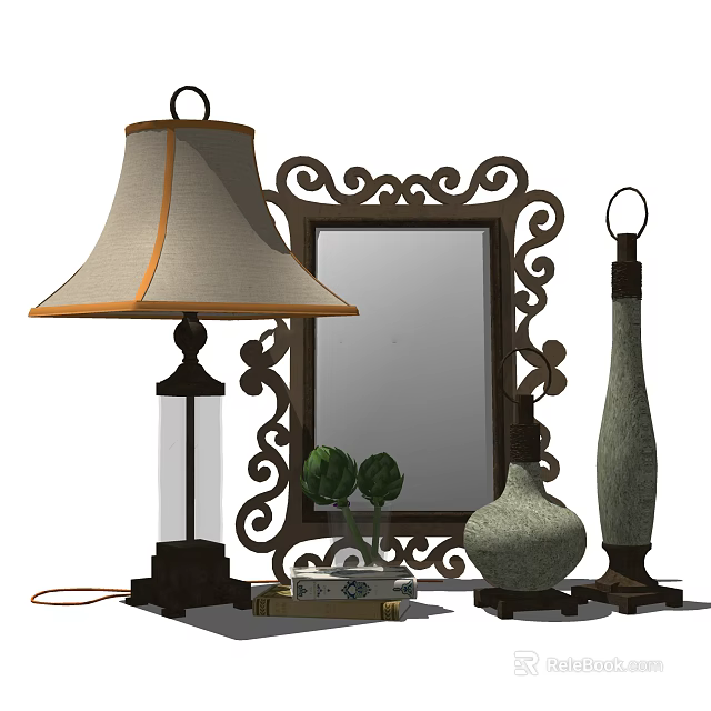 Elegant Decorative Ornaments Set With Table Lamp Mirror Vases And Small Plants 3d model 