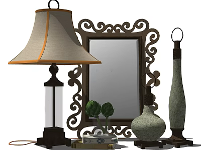 Elegant Decorative Ornaments Set With Table Lamp Mirror Vases And Small Plants 3d model