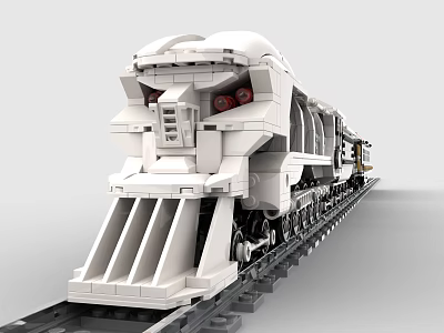 Detailed White Building Blocks Train Locomotive with Red Eyes on Tracks 3d model
