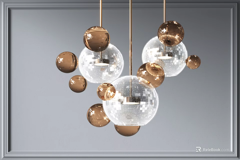Modern Pendant Light Design Featuring Multiple Transparent And Gold Glass Spheres For Interior Decor 3d model 