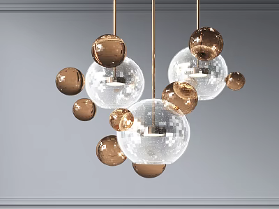 Modern Pendant Light Design Featuring Multiple Transparent And Gold Glass Spheres For Interior Decor 3d model