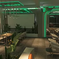 Modern Bar Interior with Green Neon Lights Cacti and Tables Chairs