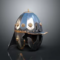 Medieval Warrior Helmet Featuring Ornate Steel Construction Gold Accents And Face Guard