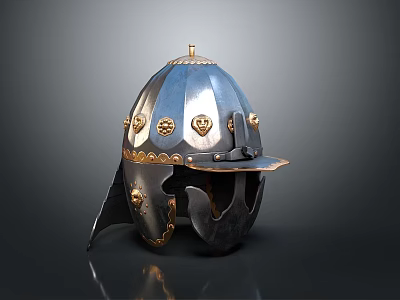 Medieval Warrior Helmet Featuring Ornate Steel Construction Gold Accents And Face Guard 3d model