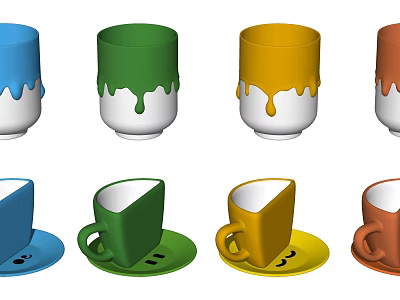 Colorful Cups With Dripping Design And Matching Saucers In Various Colors 3d model