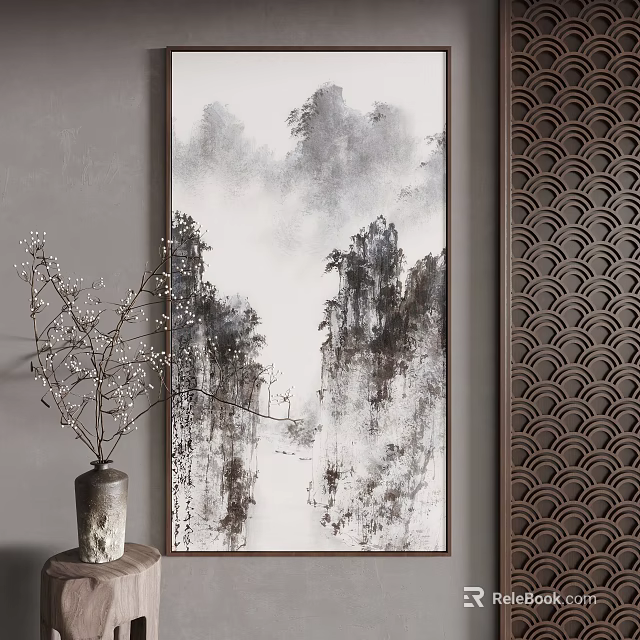 Elegant Chinese Ink Landscape Painting With Mountain Water Vase And Dry Branches 3d model 