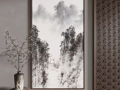 Elegant Chinese Ink Landscape Painting With Mountain Water Vase And Dry Branches 3d model