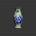 Green Ceramic Vase With Blue Peony Floral Patterns And Ruffled Rim Design