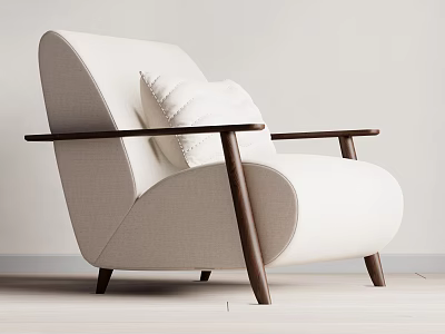 Light Gray Fabric Single Sofa with Dark Brown Wooden Armrests and White Cushion 3d model