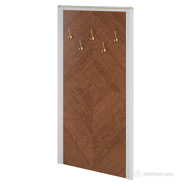 Brown Wood Coat Rack With Chevron Pattern And Gold Hooks And White Frame 3d model