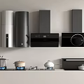 Modern Kitchen Appliances Featuring Different Styles Of Range Hoods Gas Stoves And Cookware