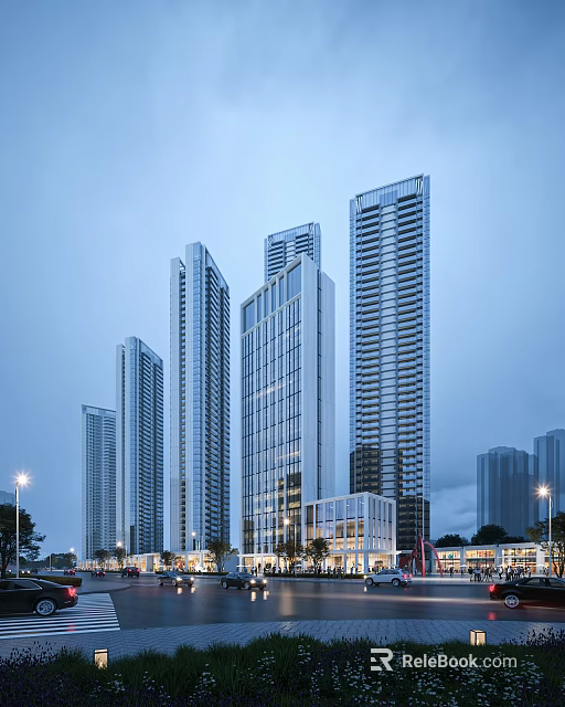 Modern Commercial Street with High Rise Buildings and Contemporary Urban Architectural Features 3d model 