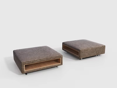 Pair of Brown Plaid Ottoman Footstools With Wooden Frame And Metal Legs 3d model