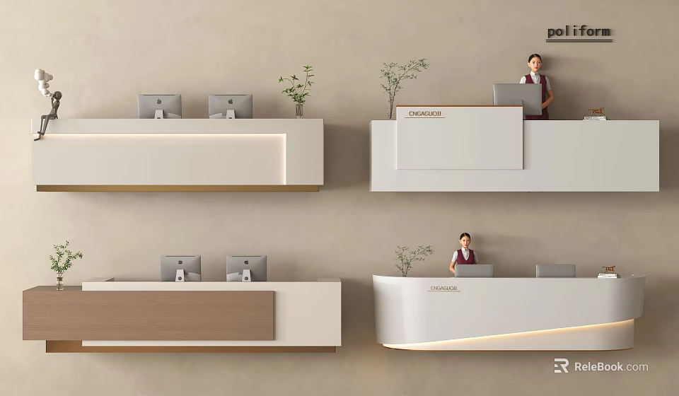 Modern Front Desk Reception Design With Receptionist Computer And Potted Plant 3d model