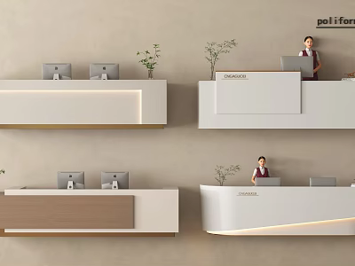 Modern Front Desk Reception Design With Receptionist Computer And Potted Plant 3d model
