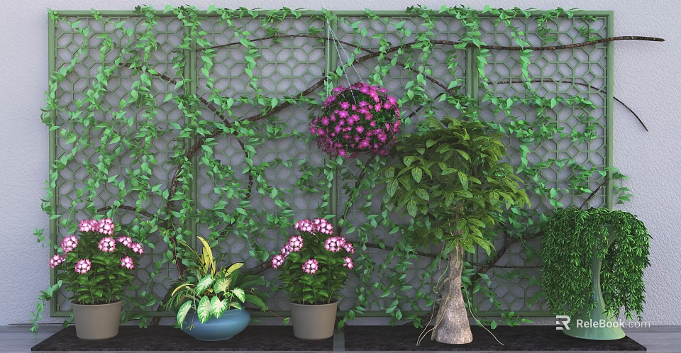 Vine Covered Lattice Background With Purple Flower Ball Potted Plants Pink Flowers And Green Shrubs 3d model 