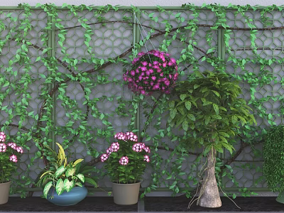 Vine Covered Lattice Background With Purple Flower Ball Potted Plants Pink Flowers And Green Shrubs 3d model