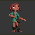 Cartoon Style 3D Female Character With Red Short Hair Green Top Brown Satchel And Barefoot